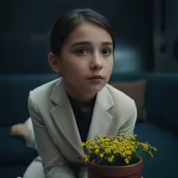 a person sitting at a table with a pot of flowers