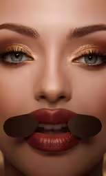 a woman with long, shiny lashes with golden lipstick and long black mustache