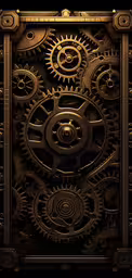 a close up of a golden clock with two large gears,several gears and chains all have holes in them