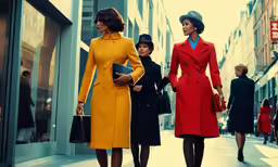three women in colorful coats walking on the side walk