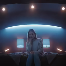 a young girl sits on the edge of a bed looking away