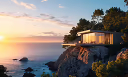 the house is built on the top of a rocky cliff overlooking a body of water