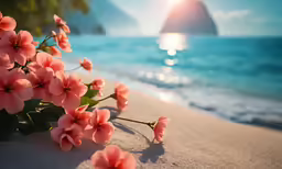 pink flowers sit on a beach at the seaside