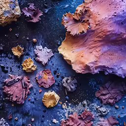 an assortment of colorful leaf shapes on a wet surface