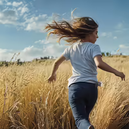 a girl running through a field with long grass