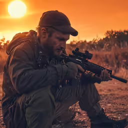 a man with an rifle sitting down
