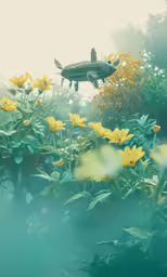 a small plane flying over flowers in an outside area