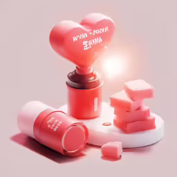 a lipstick and two bottles with small pink cubes