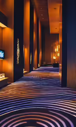 a hallway with a spiral design inside an office building