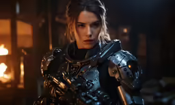 a girl in armor with a large arm holding something