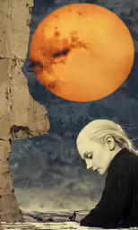 a girl sitting on the ground in front of a full orange moon