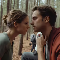 a couple standing together in the woods