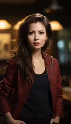 a woman wearing a red leather jacket is standing