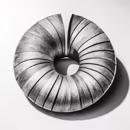 an odd shape carved in half with metal bars