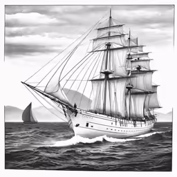 black and white drawing of a sailing ship