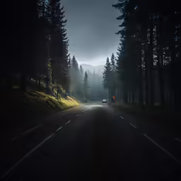 the dark night sky is very foggy and shows a tree - lined road