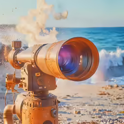 a fire hydrant with a camera next to the ocean