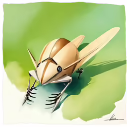 a drawing of a wooden bug with blue eyes