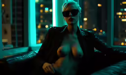 a nude woman sitting on top of a couch wearing sunglasses