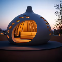 an unusual couch in front of the view at dusk