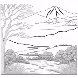 this is a black and white image of a tree line,a drawing shows an open landscape with trees and mountains