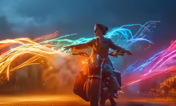 a woman standing on a motor bike with colorful lights in the background