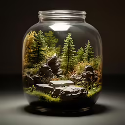 a jar filled with water covered in rocks