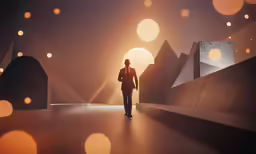 a man walks through a dimly lit room
