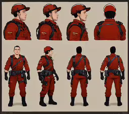 a set of six different poses of an officer wearing uniform,some people that are wearing red and some with uniforms