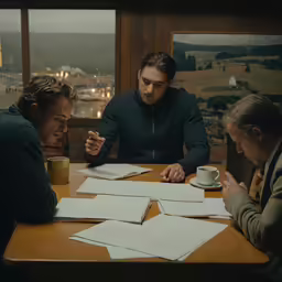 three people at a table with papers, and a mug