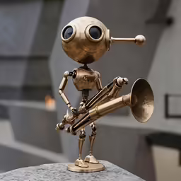 a metal robot with big blue eyes has two trumpet legs