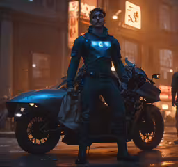 a male in a dark outfit and lights on is standing near a motorcycle,a man stands next to his bike in a video game