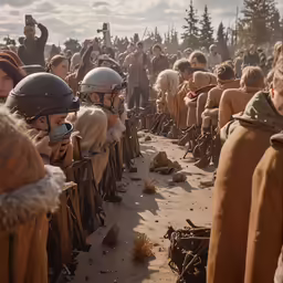 a large crowd of people in costumes and helmets are standing