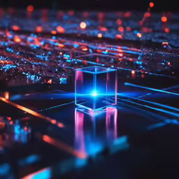 there is a picture of a neon colored cube in the middle of a city