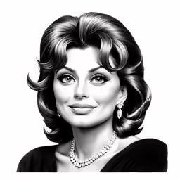a black and white drawing of a woman wearing pearls and pearls necklace