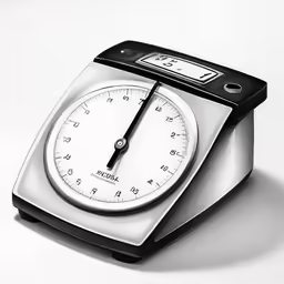 a white scale with a small black clock on it