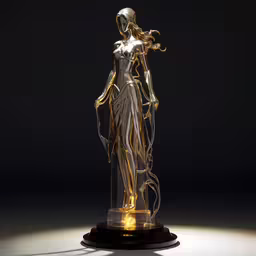 a statue is lit up and turned yellow,an abstract figure of a female in a gold - colored glass display case