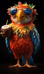 a bird wearing sunglasses, holding a drink