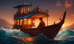 a man riding on the back of a boat through the ocean,a man is on a boat in the ocean