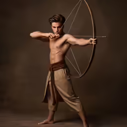 a male model with a bow and a big arrow