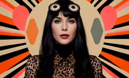a woman wearing an eye mask stands in front of an orange, black and white background