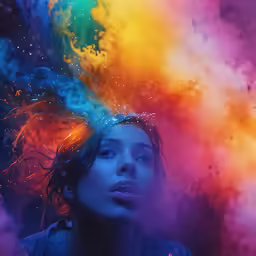 woman looking at color powders floating in her hair