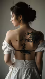 a lady in a white gown has tattoos on her back