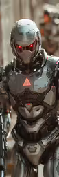 the robot is holding his cell phone and standing up,an action figure standing in a studio environment