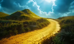 a painting of an empty dirt road with blue skies above