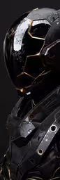 a futuristic, futuristic helmet that looks like a spaceship,a sci war soldier wearing a black helmet with gold accents