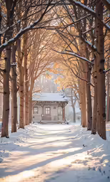 a house is shown surrounded by snow and trees