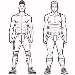a man standing next to another man in tight underwear,a cartoon drawing of two men wearing wrestling clothing,a man wearing tight clothes for wrestling,two men in underwear one without clothes and the other without,a man in different sports wear