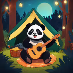 a cartoon panda with a guitar sitting in front of a tent,the panda bear is sitting with a guitar