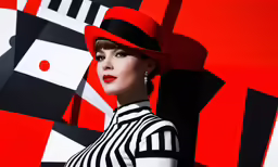 woman with red hat and black and white suit with wall of geometric shapes behind